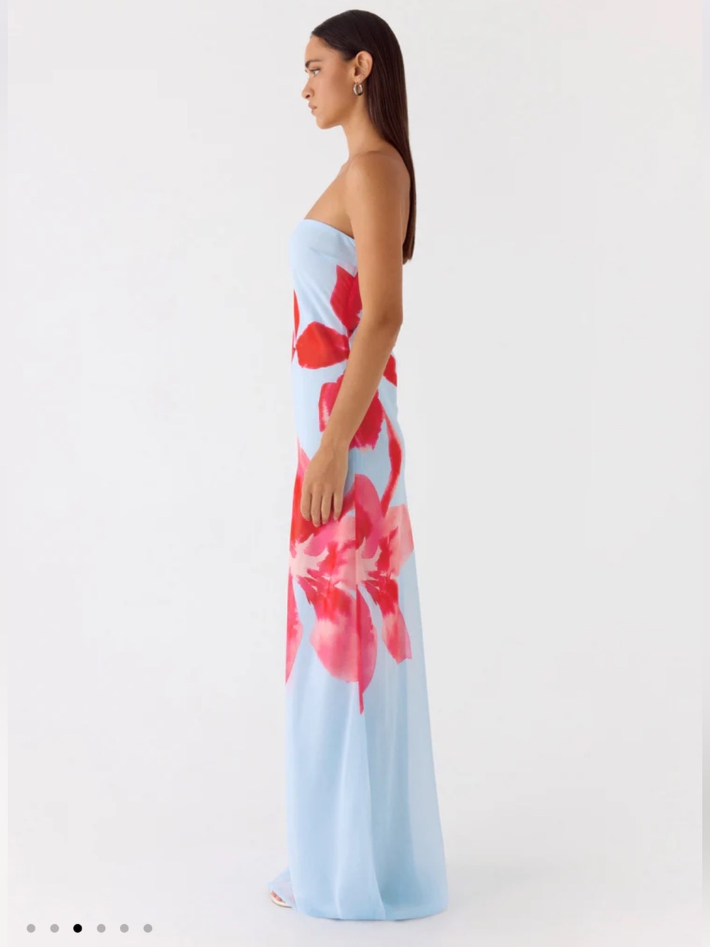 Peppermayo Light Blue Strapless Maxi Dress with Pink-Red Floral Print - Picture 3 of 11